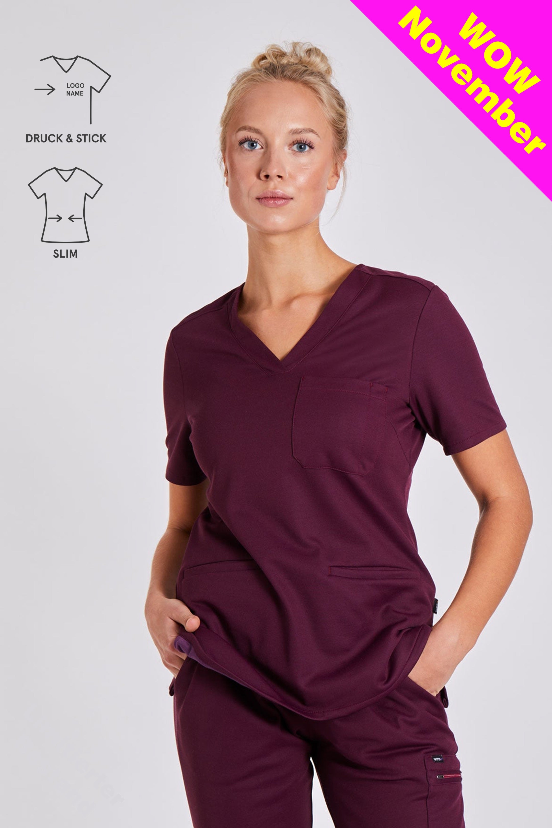 Comfort Scrub Top "Kamala" – Bordeaux (Slim Fit)